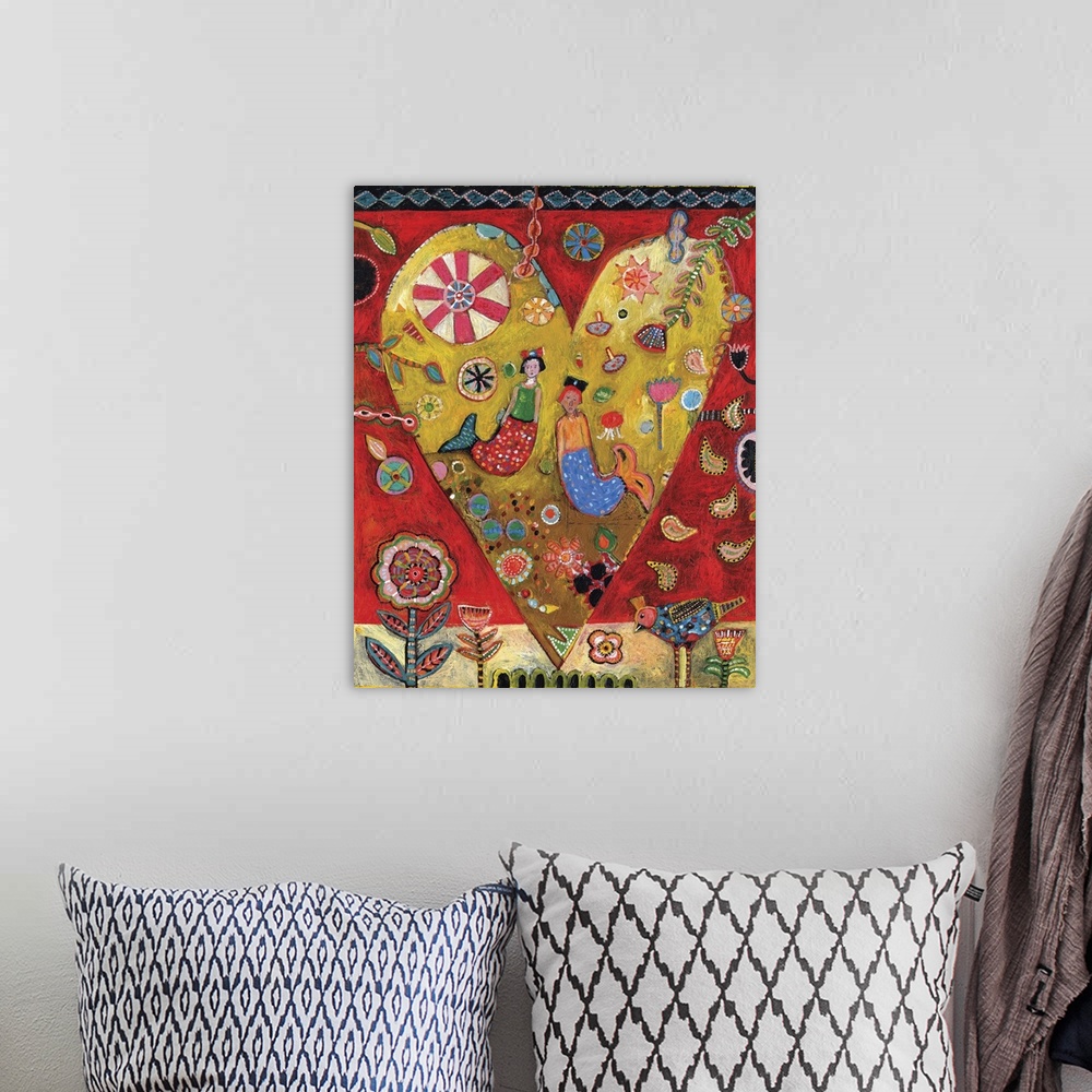 A bohemian room featuring Lighthearted contemporary painting of a heart with a collage of mermaids and shapes and flowers i...