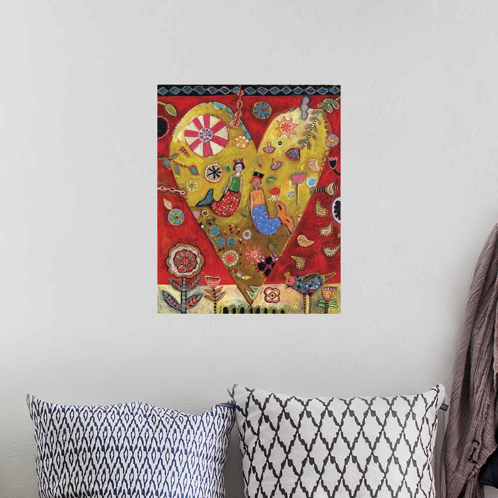 A bohemian room featuring Lighthearted contemporary painting of a heart with a collage of mermaids and shapes and flowers i...