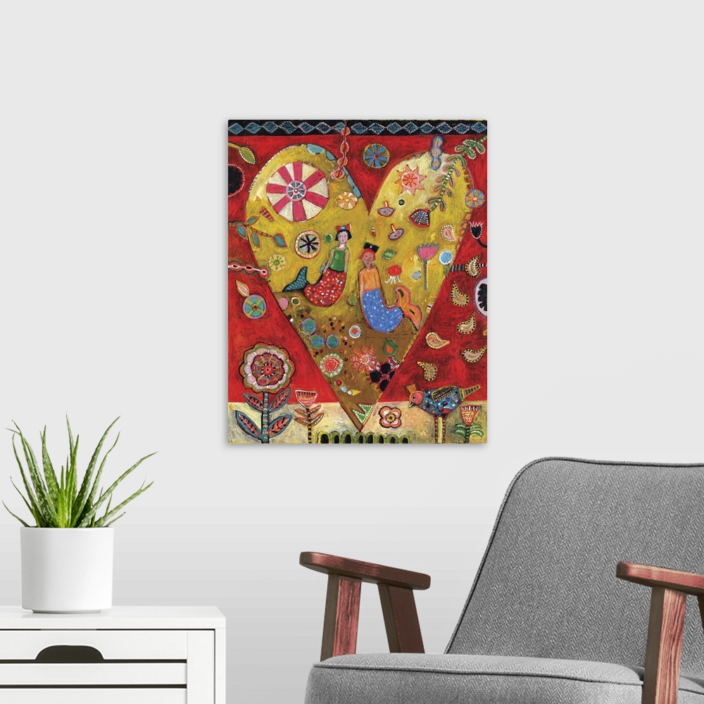 A modern room featuring Lighthearted contemporary painting of a heart with a collage of mermaids and shapes and flowers i...
