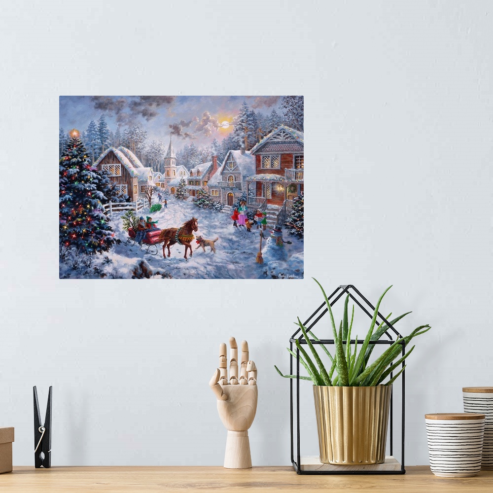 A bohemian room featuring Painting of village scene featuring a large Christmas tree. Product is a painting reproduction on...