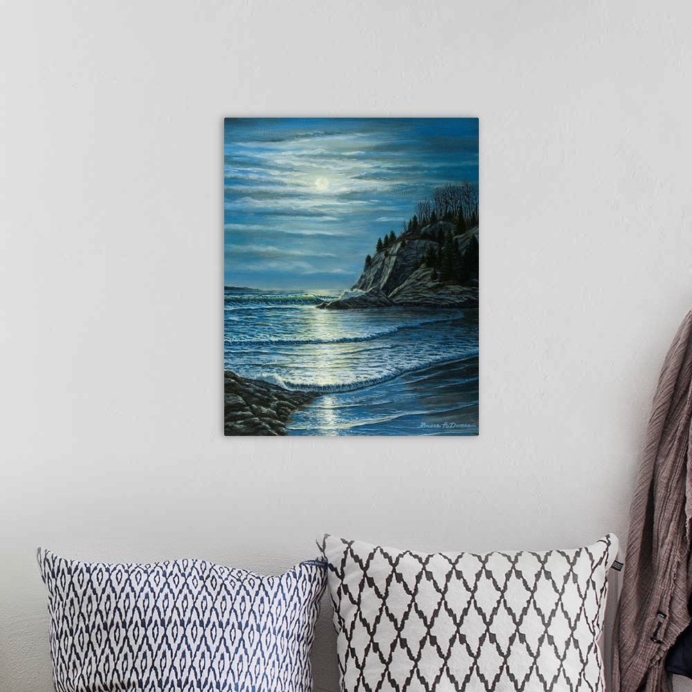 A bohemian room featuring Contemporary artwork of a moonlit seascape.