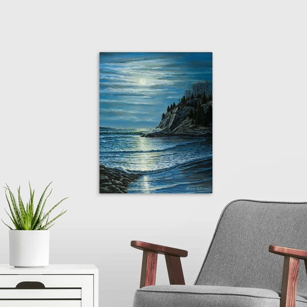 A modern room featuring Contemporary artwork of a moonlit seascape.