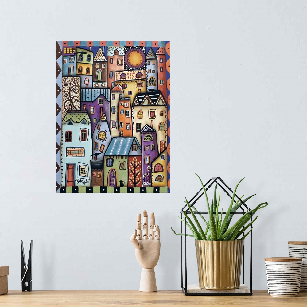A bohemian room featuring Contemporary painting of a village full of colorful houses.