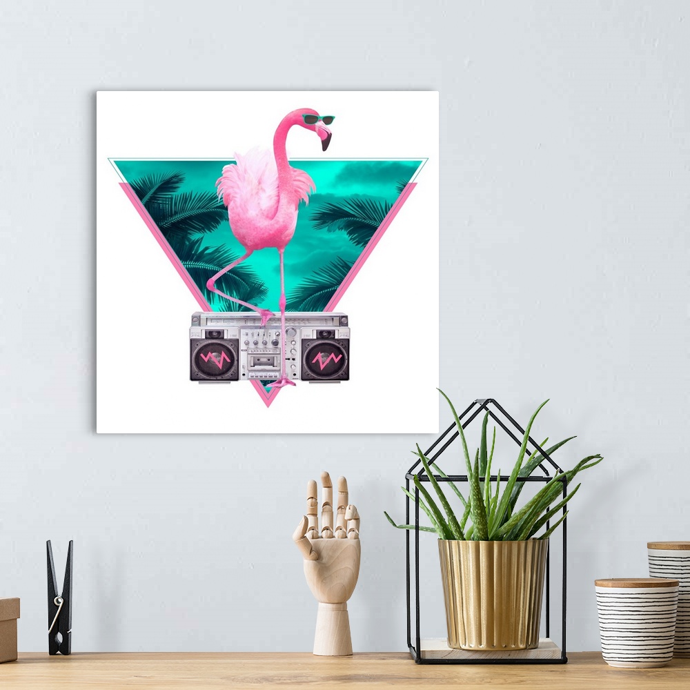A bohemian room featuring Pop art of a cool flamingo with shades and a boom box.