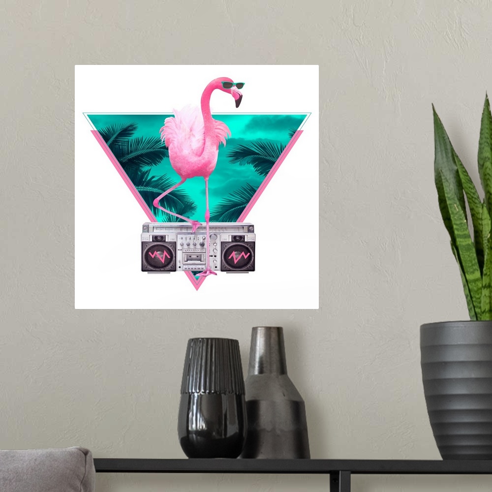 A modern room featuring Pop art of a cool flamingo with shades and a boom box.