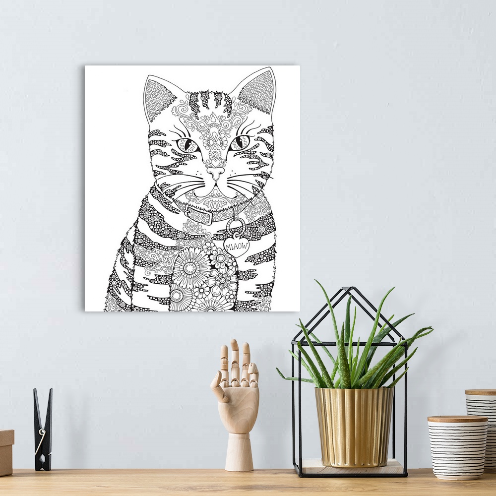 A bohemian room featuring Black and white line art of an intricately designed cat with a floral print body and a name tag t...