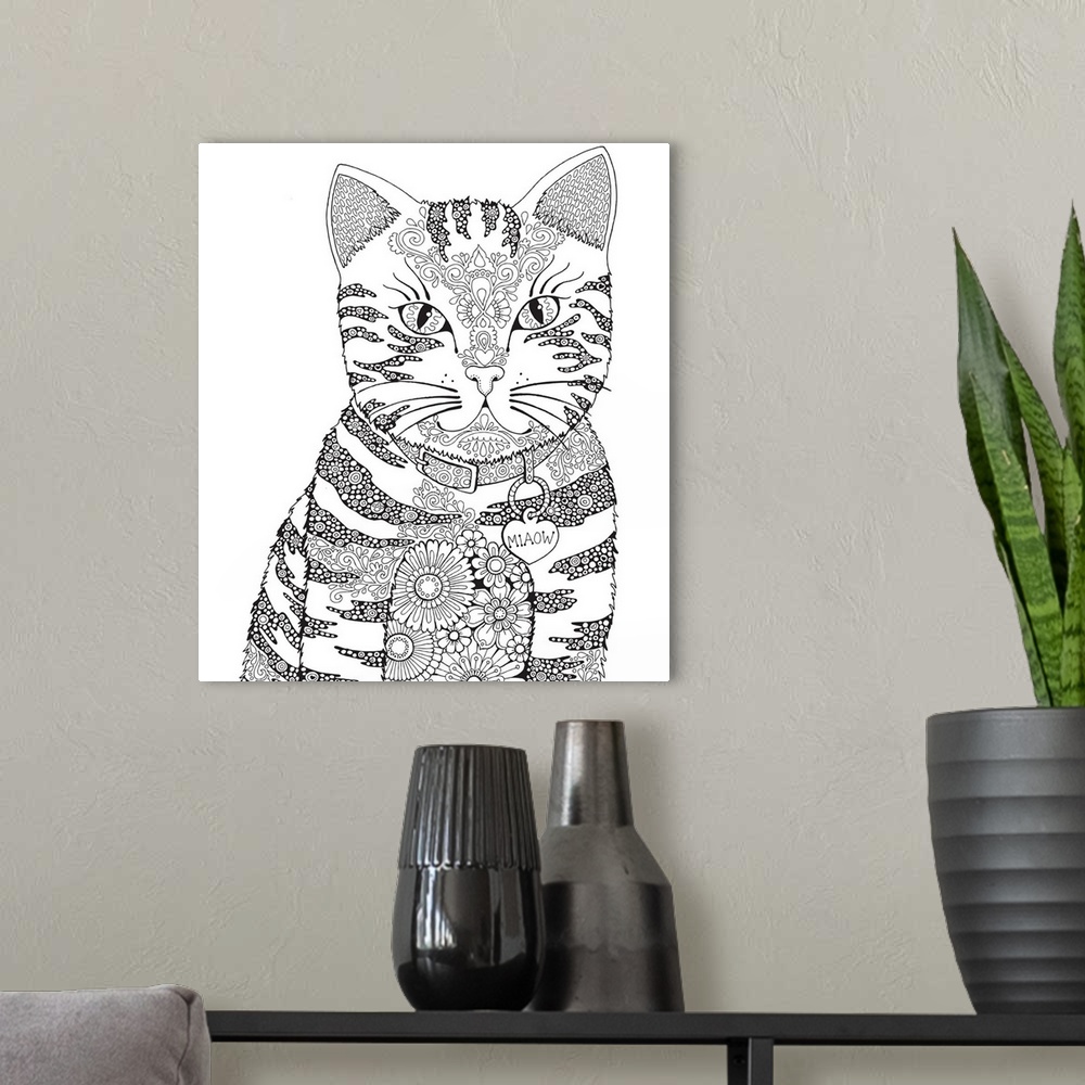 A modern room featuring Black and white line art of an intricately designed cat with a floral print body and a name tag t...