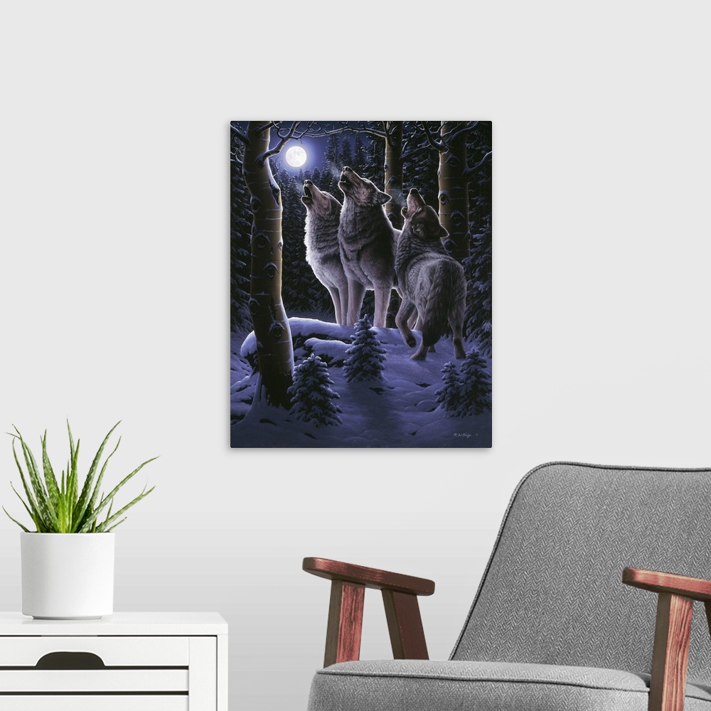 A modern room featuring Three wolves howling in unison, with a full moon in the sky, snow on the ground.