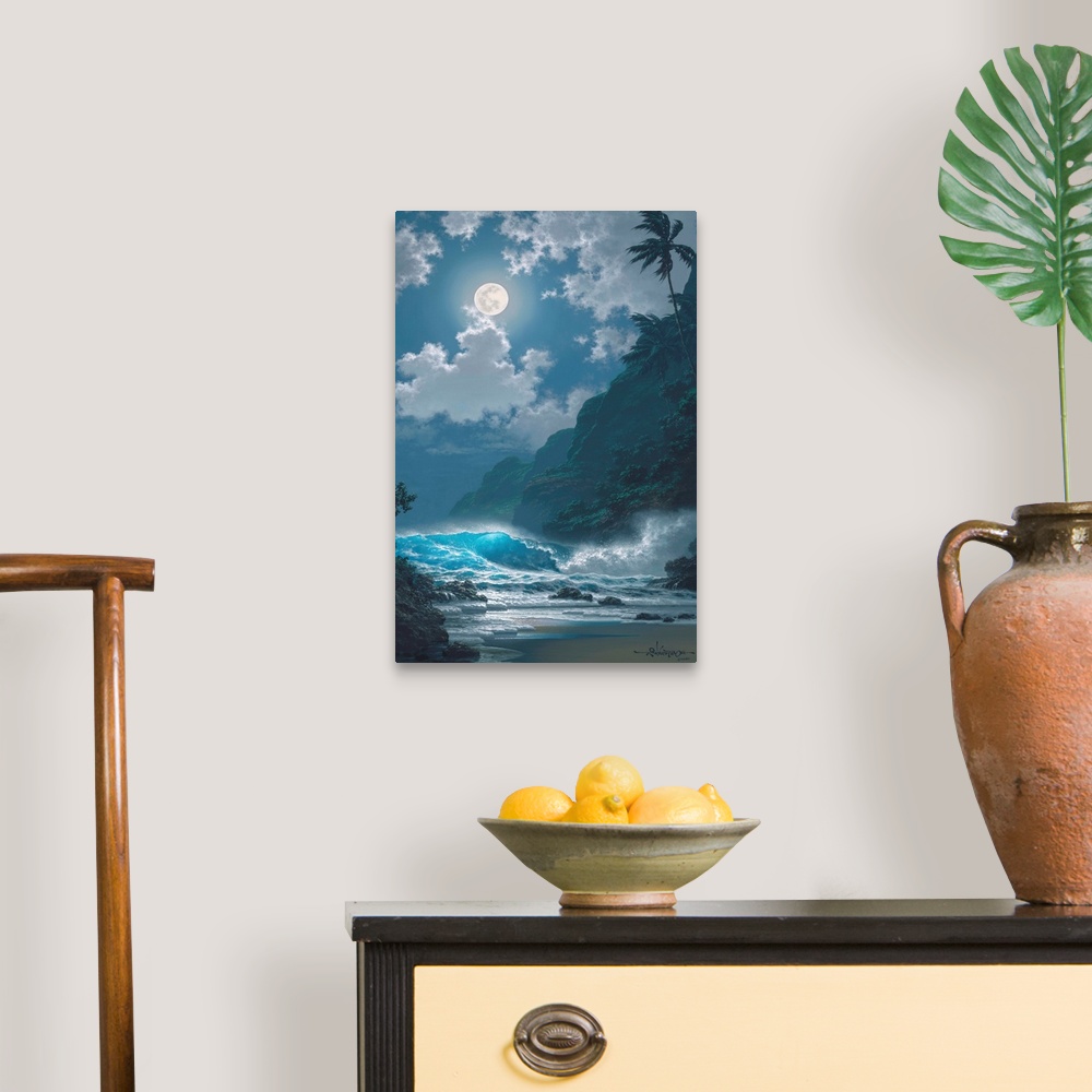 A traditional room featuring A scenic painting of a tropical coastal landscape at night.