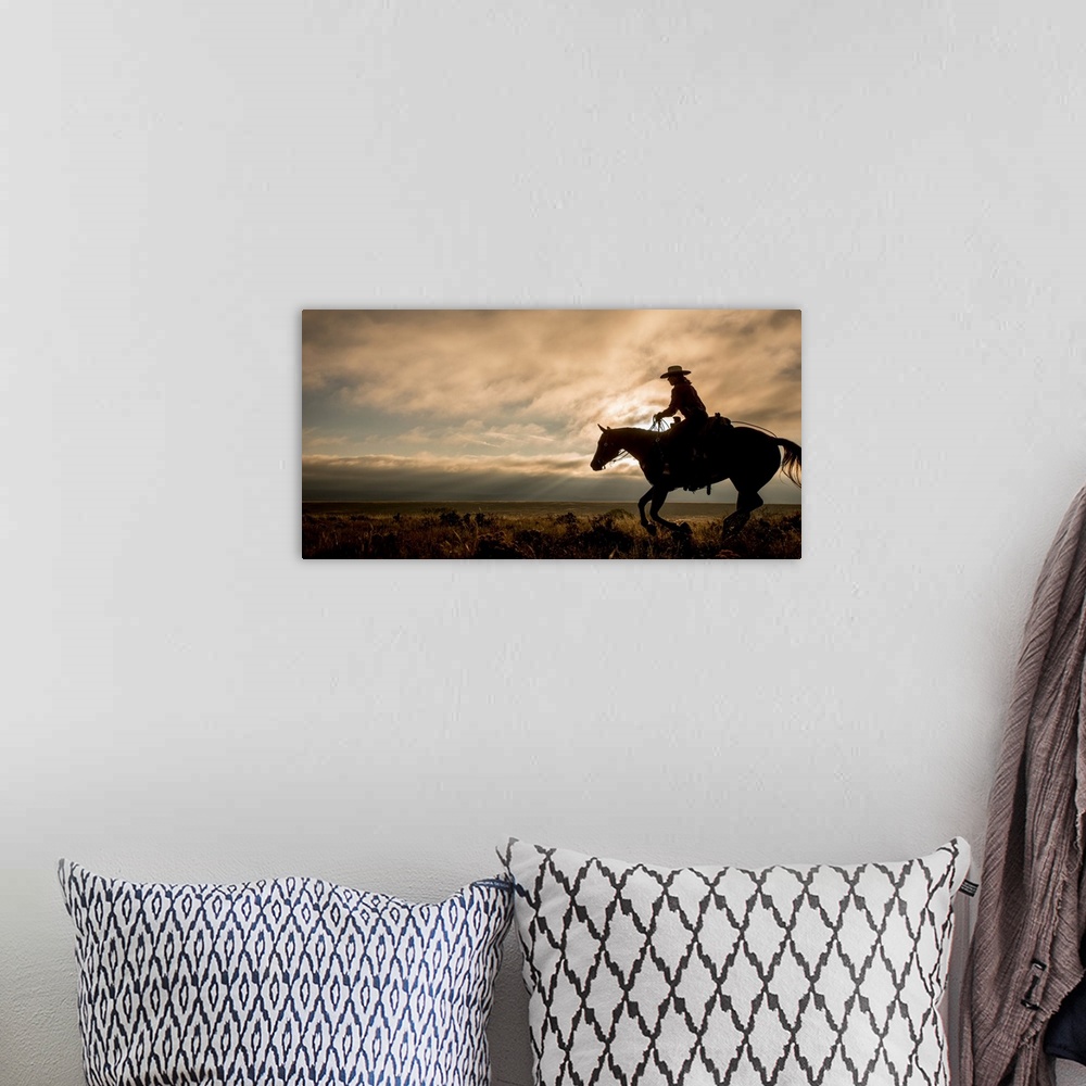 A bohemian room featuring Silhouette of a cowgirl on horseback in a field.