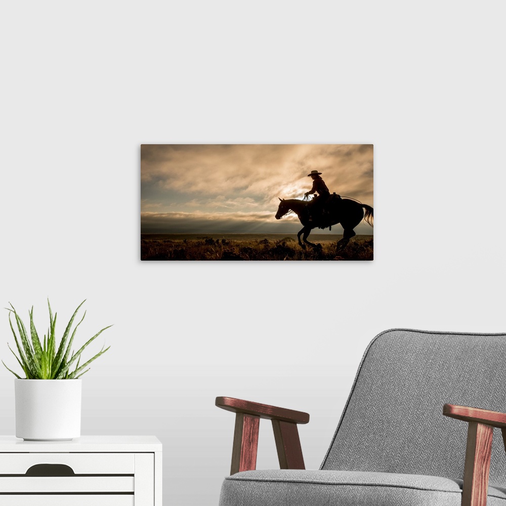 A modern room featuring Silhouette of a cowgirl on horseback in a field.