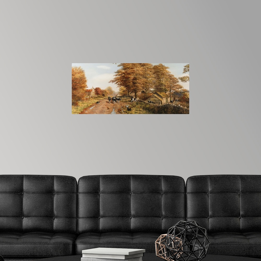 A modern room featuring Cows and chickens on muddy dirt road by outbuildings and stone walls in fall.