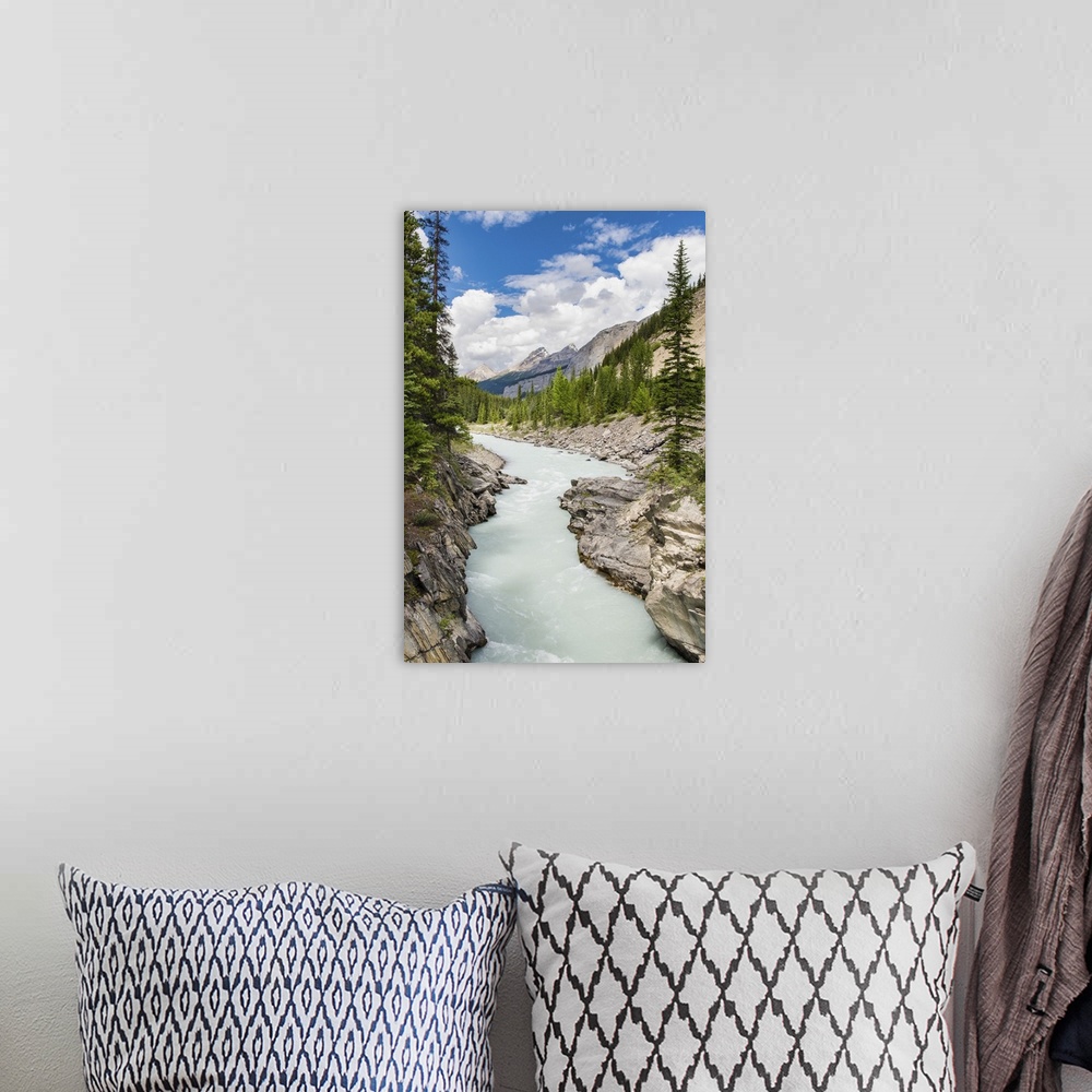 A bohemian room featuring An artistic photograph of a rushing ice blue stream flowing through a wilderness landscape.