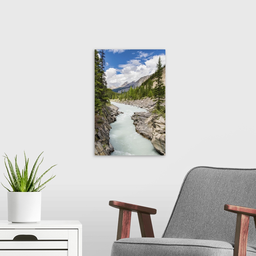 A modern room featuring An artistic photograph of a rushing ice blue stream flowing through a wilderness landscape.