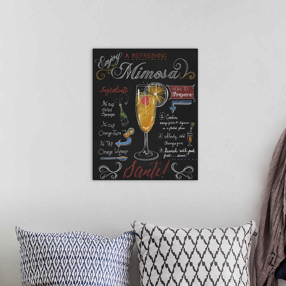 A bohemian room featuring Chalkboard-style sign with instructions and ingredients for making a mimosa.