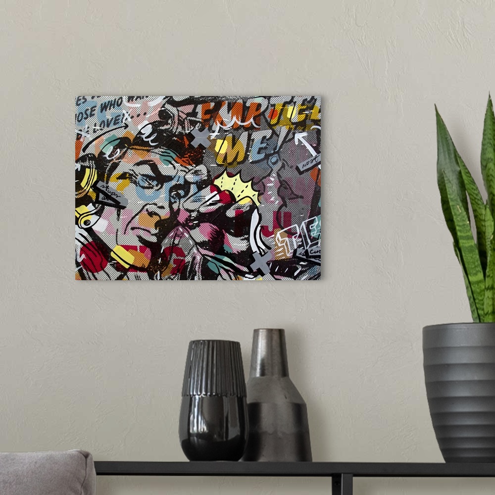 A modern room featuring Pop art composed of comic illustrations and bold text, reminiscent of Lichtenstein, with a pilot ...