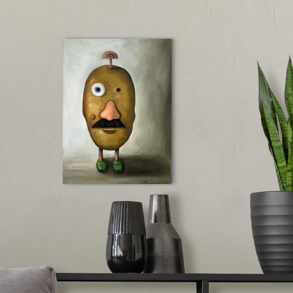 A modern room featuring Surrealist painting of a potato head toy with one eye missing and one ear on the top of the head.