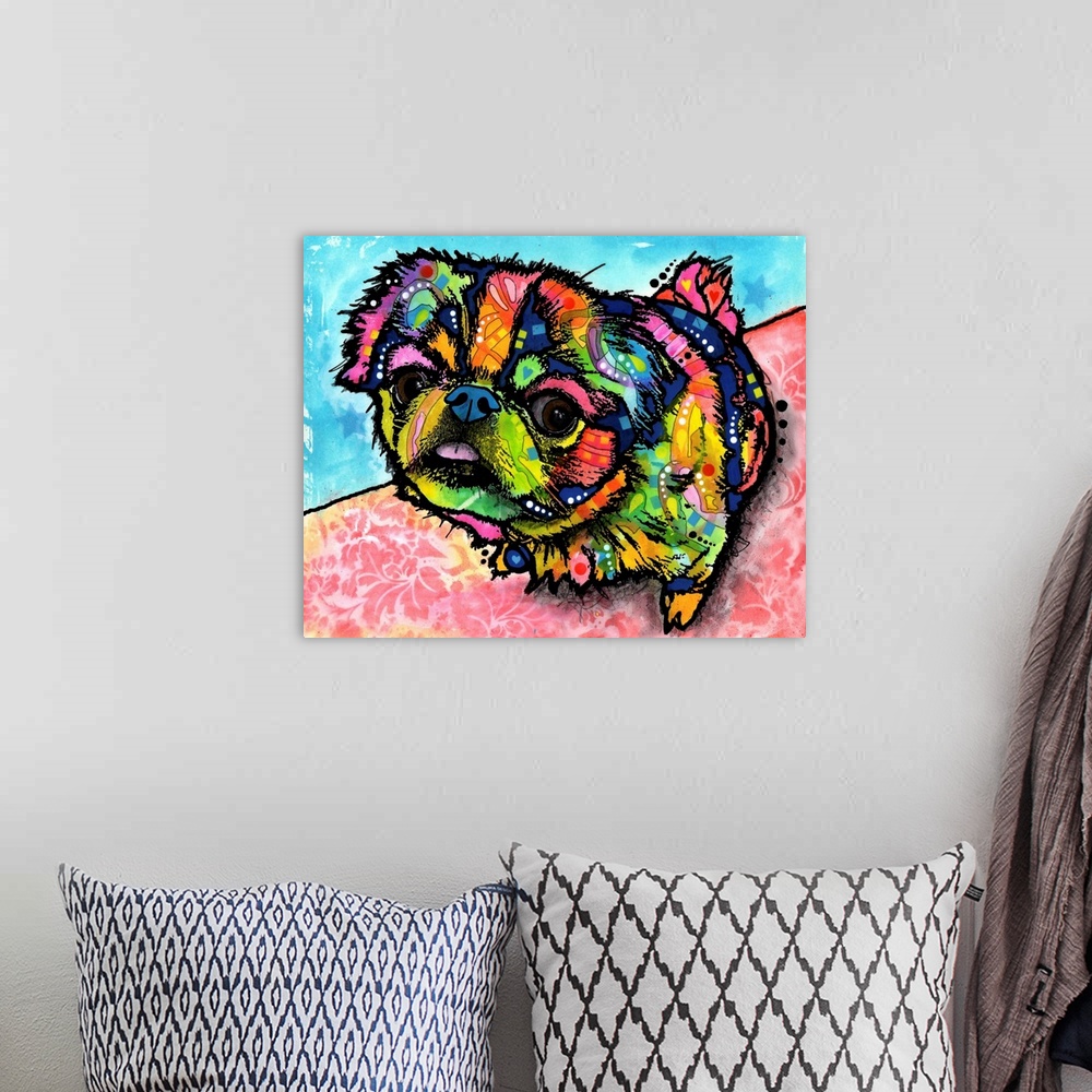 A bohemian room featuring Contemporary stencil painting of a pekingese puppy filled with various colors and patterns.