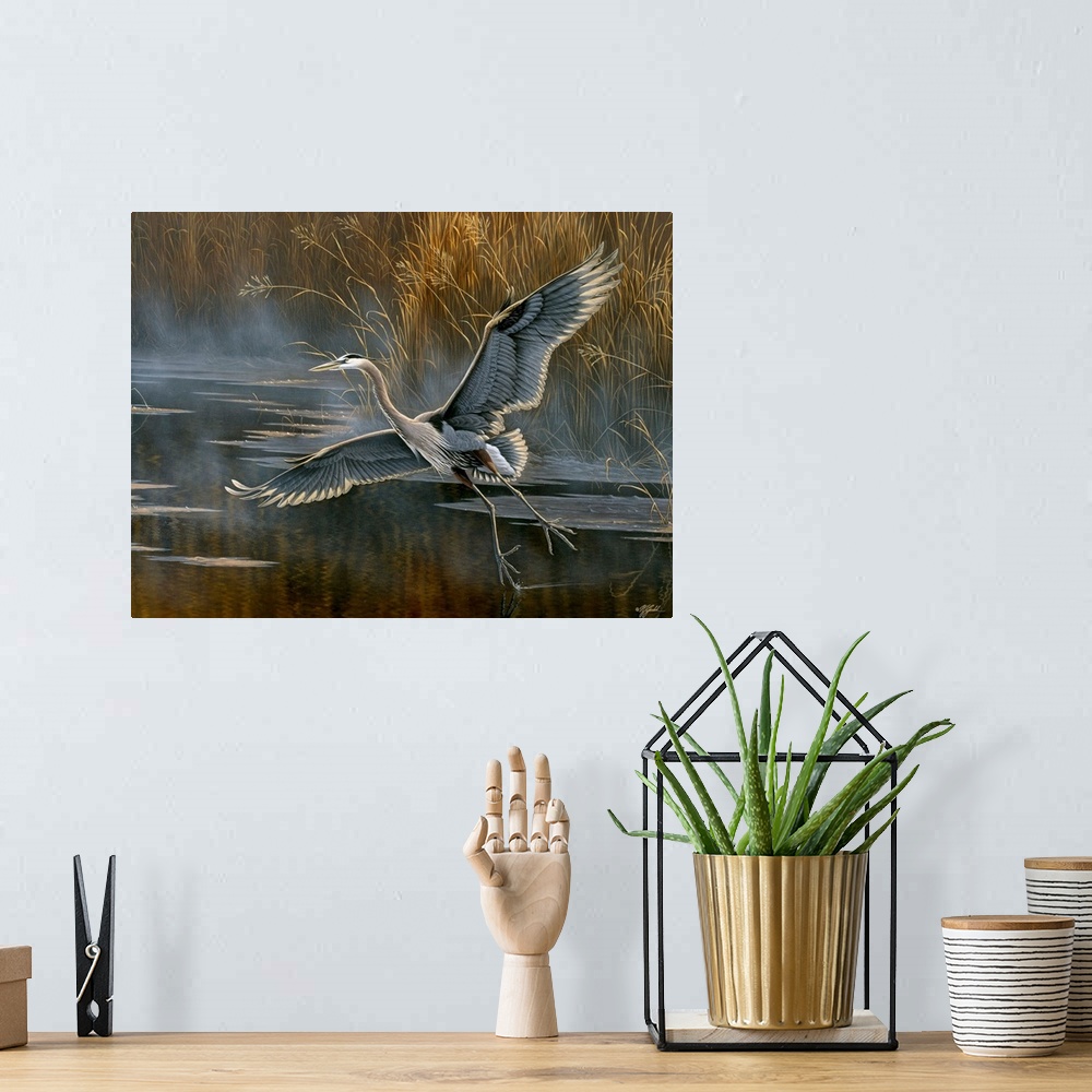 A bohemian room featuring Heron taking to flight over mist water.