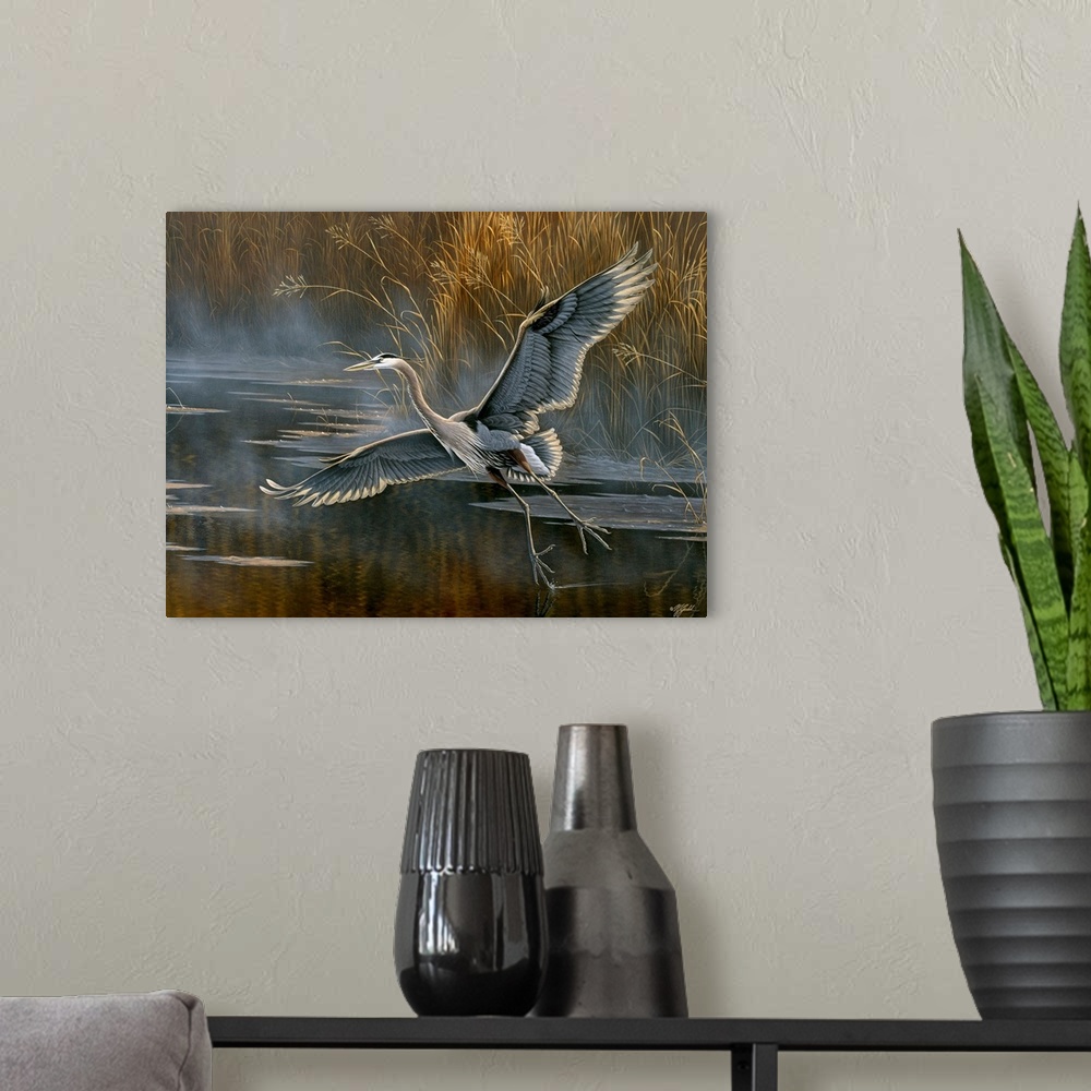 A modern room featuring Heron taking to flight over mist water.