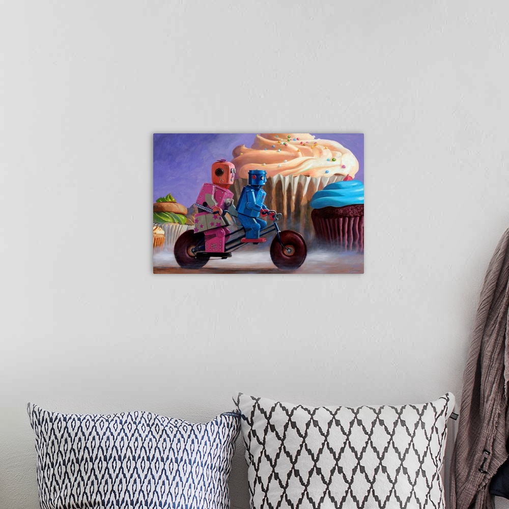 A bohemian room featuring A contemporary painting of a two retro toy robots riding a tandem bicycle with giant colorful cup...