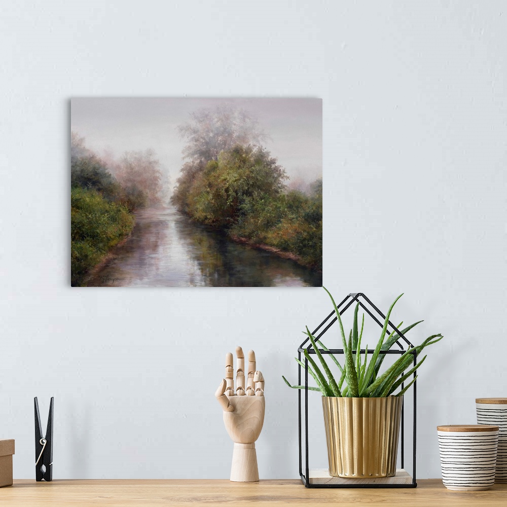 A bohemian room featuring Contemporary painting of an idyllic countryside river with a fog hanging in the air.
