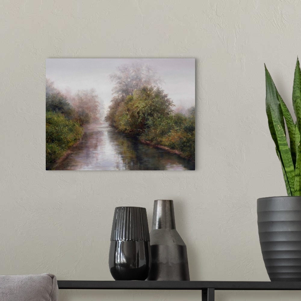 A modern room featuring Contemporary painting of an idyllic countryside river with a fog hanging in the air.