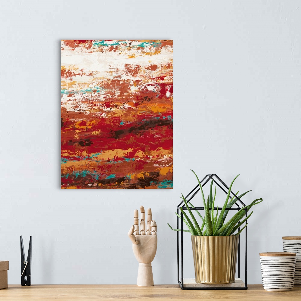 A bohemian room featuring A contemporary abstract painting using wild vibrant colors and weathered and worn textures.