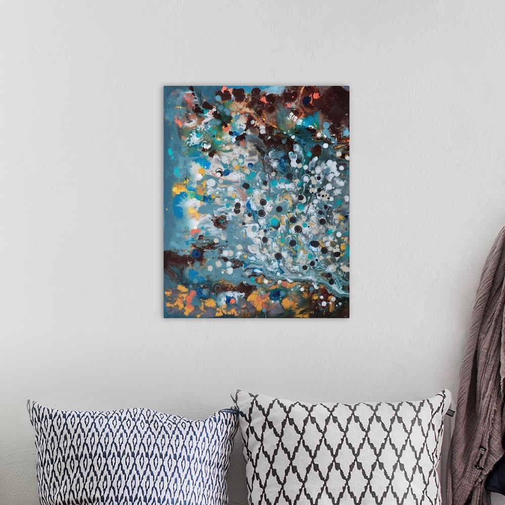 A bohemian room featuring Contemporary abstract painting resembling a galaxy and stars.