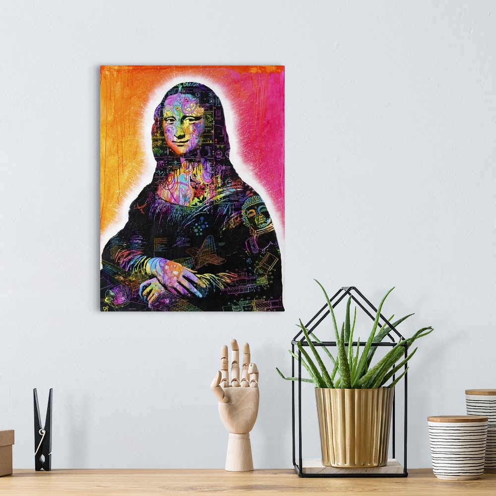 A bohemian room featuring Pop art style portrait of Mona Lisa covered in rainbow colored blueprint illustrations on an oran...