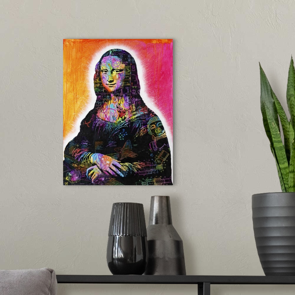 A modern room featuring Pop art style portrait of Mona Lisa covered in rainbow colored blueprint illustrations on an oran...