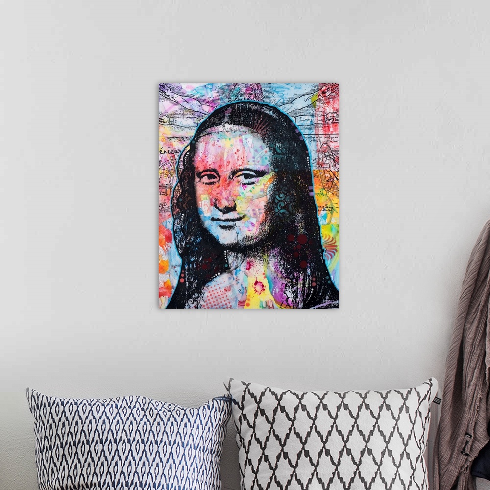 A bohemian room featuring Illustration of the Mona Lisa with da Vinci's Vitruvian Man on the colorful background.