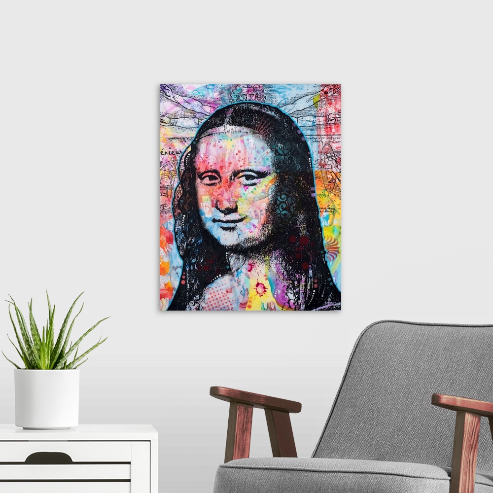 A modern room featuring Illustration of the Mona Lisa with da Vinci's Vitruvian Man on the colorful background.
