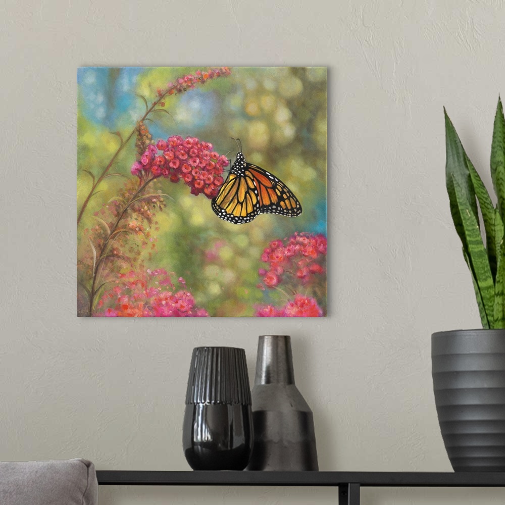 A modern room featuring monarch butterfly on pink flower