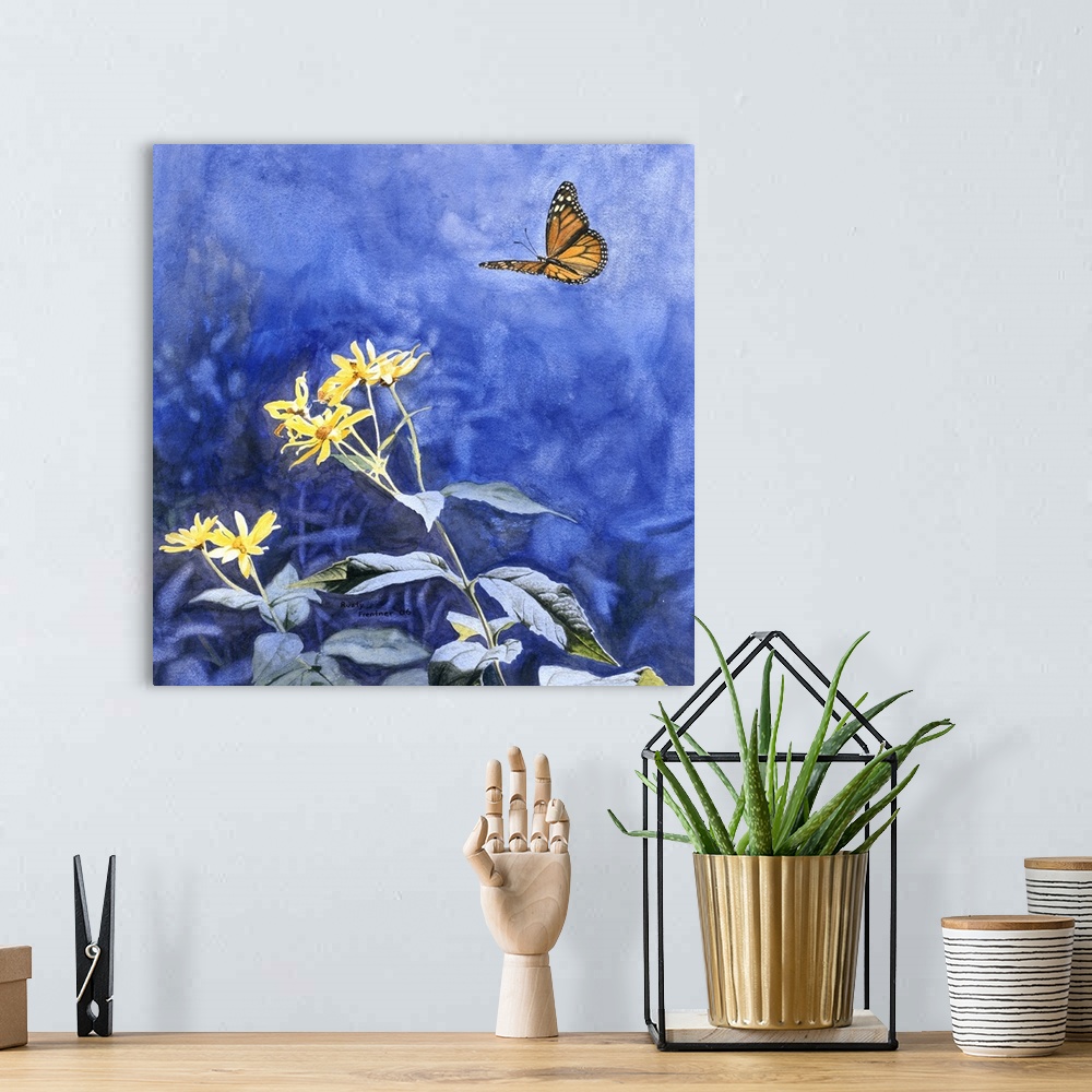 A bohemian room featuring A monarch butterfly approaches a small group of flowers.