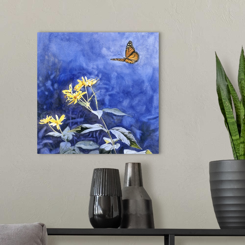 A modern room featuring A monarch butterfly approaches a small group of flowers.