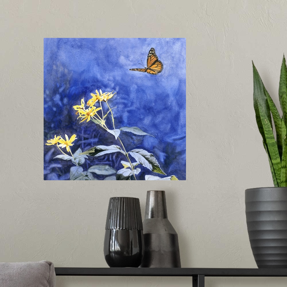 A modern room featuring A monarch butterfly approaches a small group of flowers.