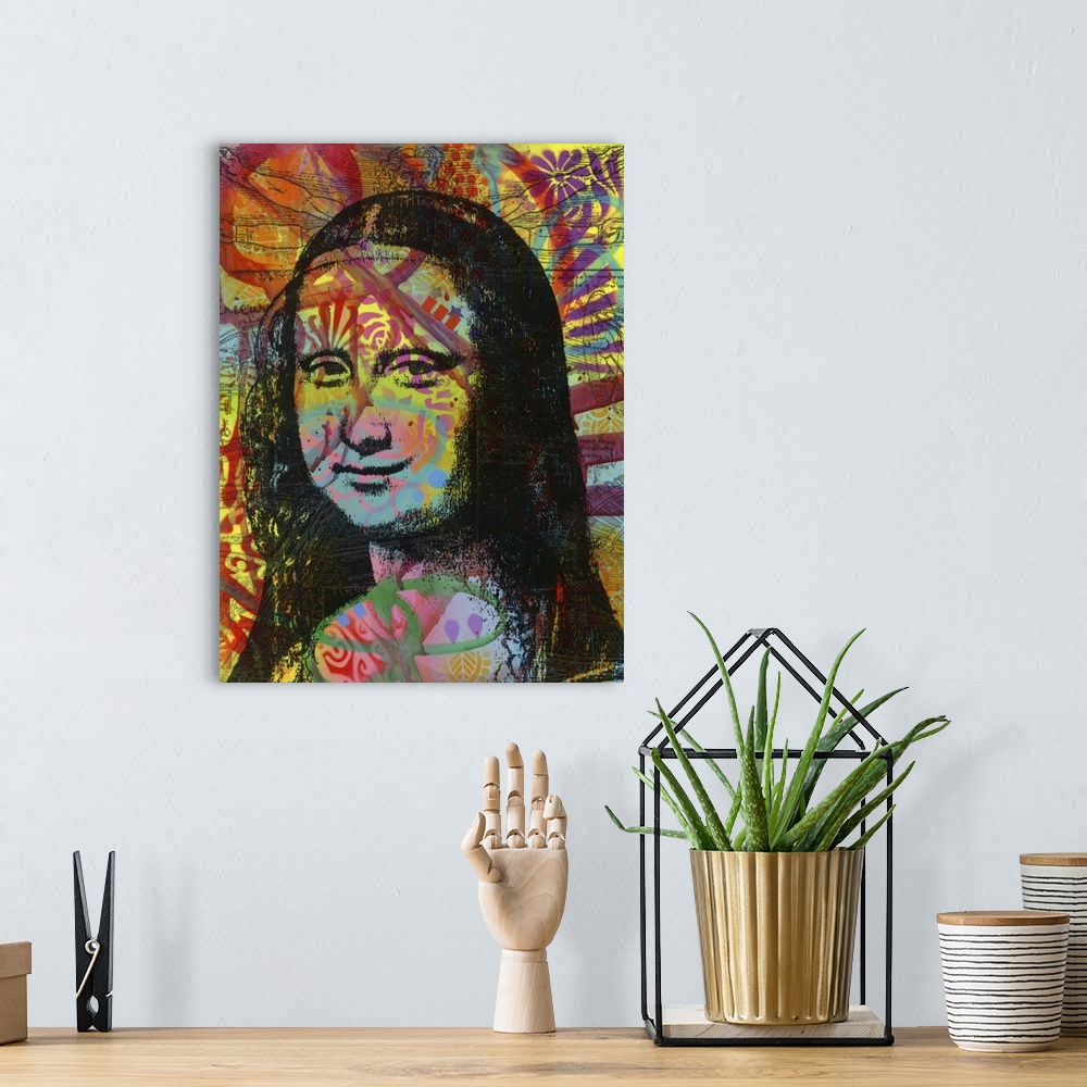 A bohemian room featuring Pop art style portrait of Mona Lisa with colorful graffiti-like designs.