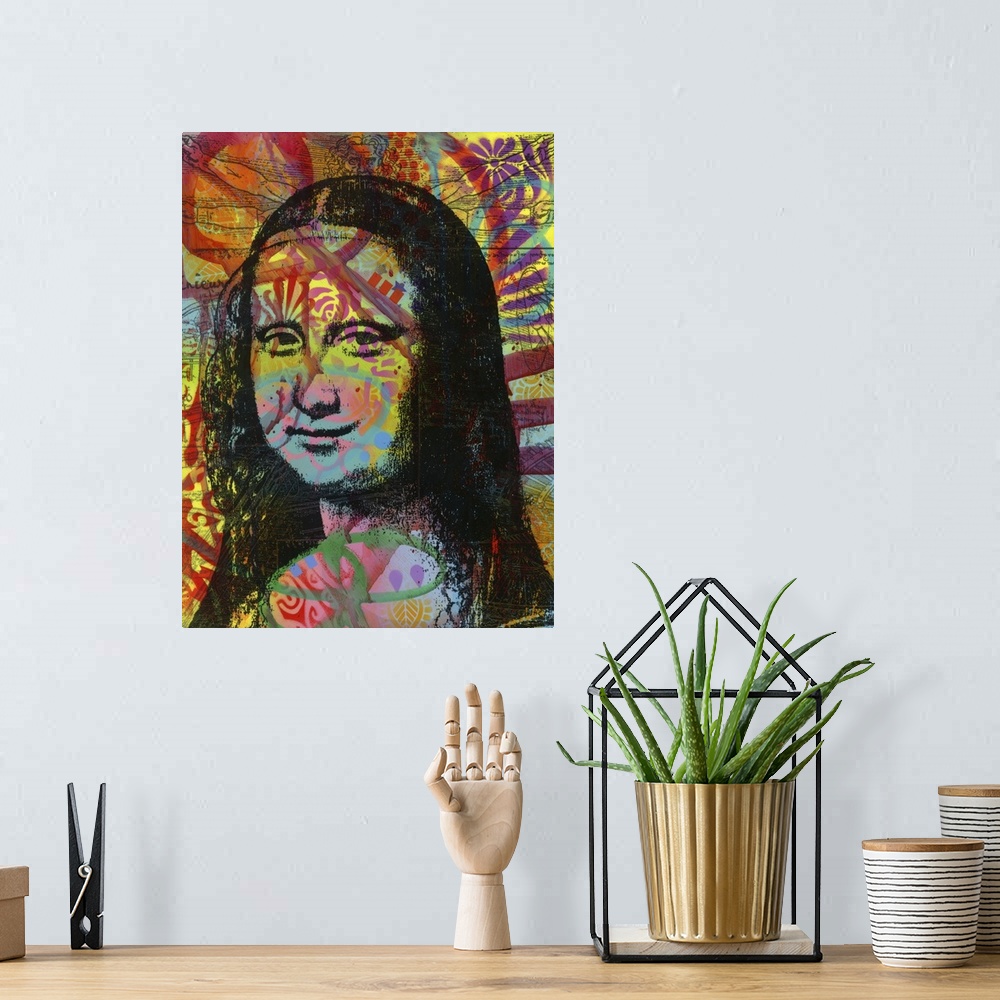 A bohemian room featuring Pop art style portrait of Mona Lisa with colorful graffiti-like designs.