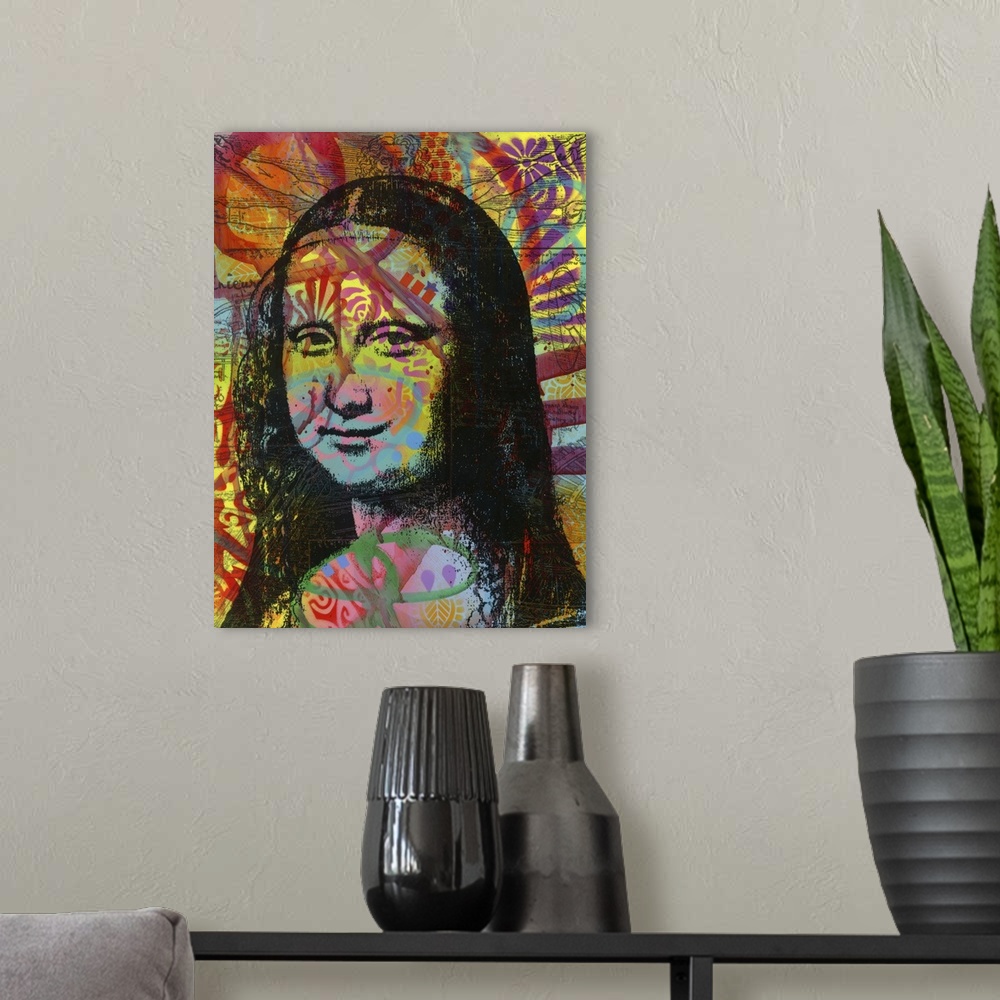 A modern room featuring Pop art style portrait of Mona Lisa with colorful graffiti-like designs.