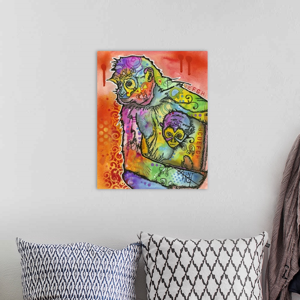 A bohemian room featuring Colorful painting of a mother monkey and her baby covered in abstract designs on an orange and re...