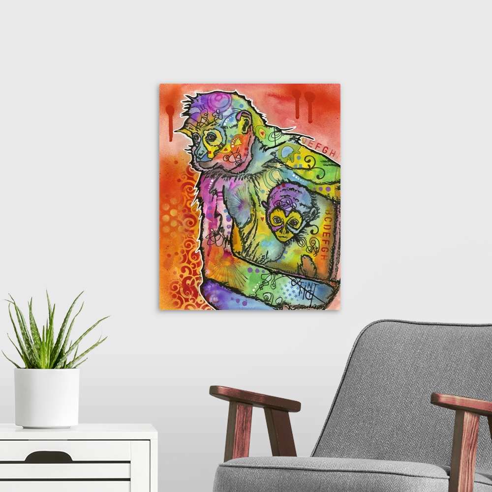 A modern room featuring Colorful painting of a mother monkey and her baby covered in abstract designs on an orange and re...