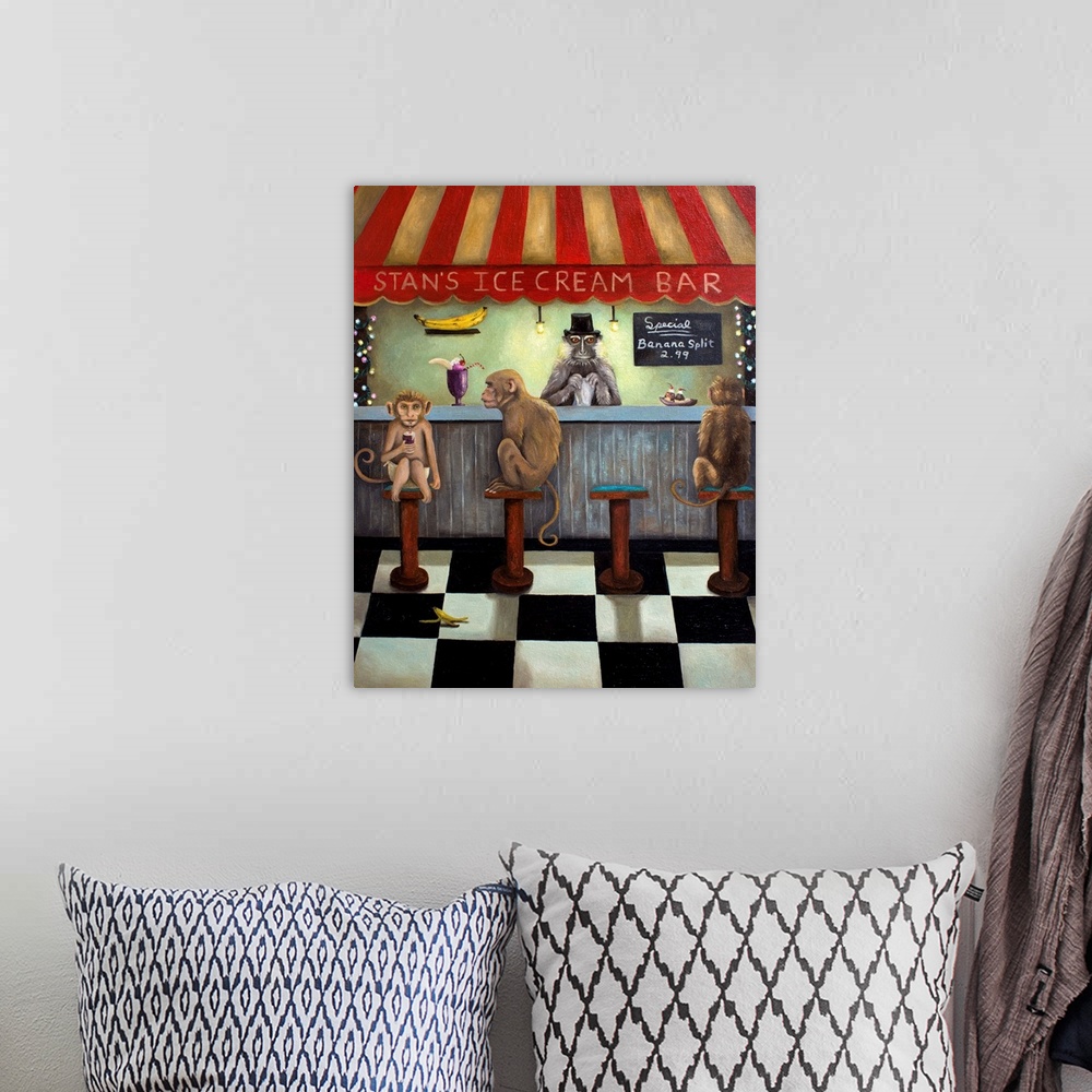A bohemian room featuring Surrealist painting of an ice cream bar with monkeys sitting at it.