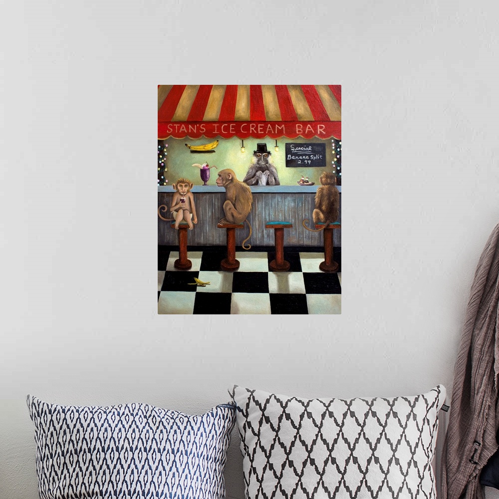 A bohemian room featuring Surrealist painting of an ice cream bar with monkeys sitting at it.