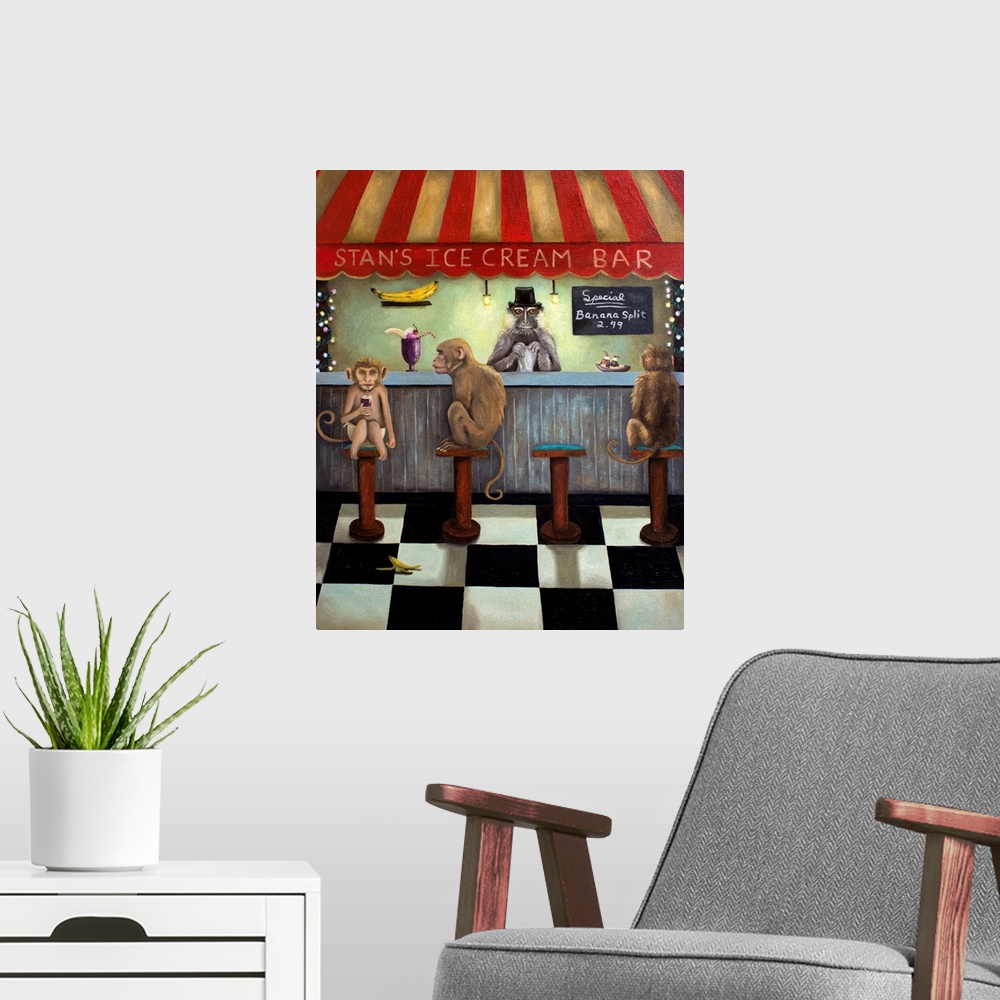 A modern room featuring Surrealist painting of an ice cream bar with monkeys sitting at it.