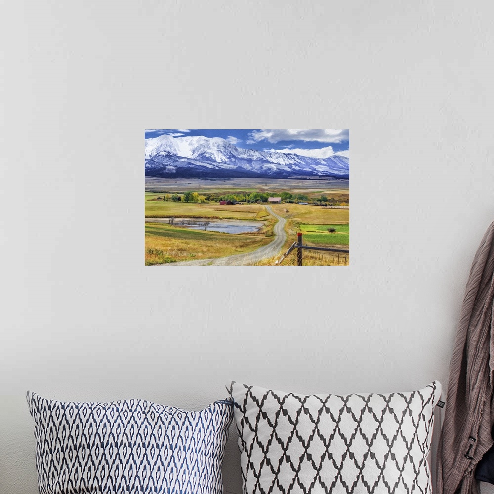 A bohemian room featuring Contemporary watercolor effect of a scenic vista in Montana.