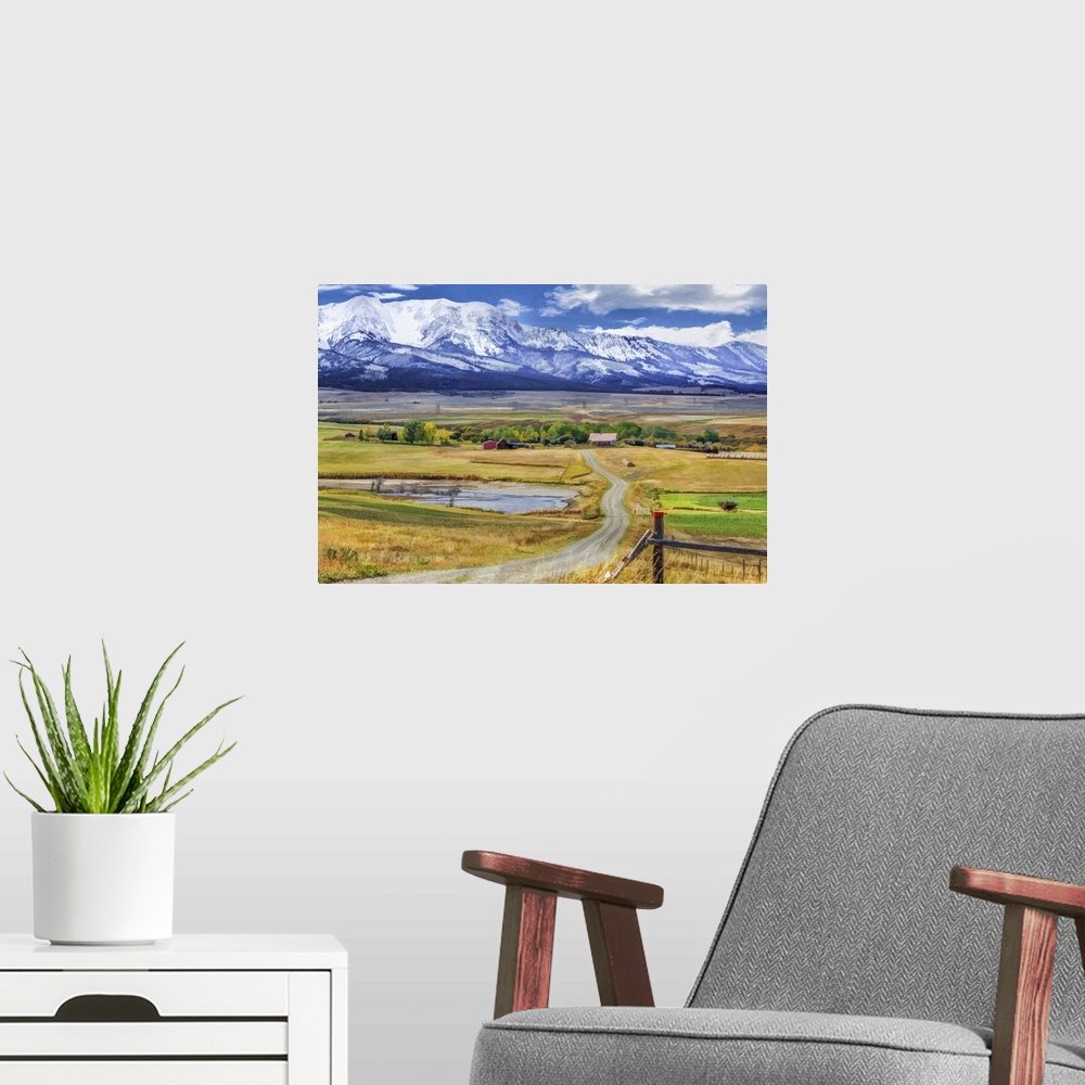 A modern room featuring Contemporary watercolor effect of a scenic vista in Montana.