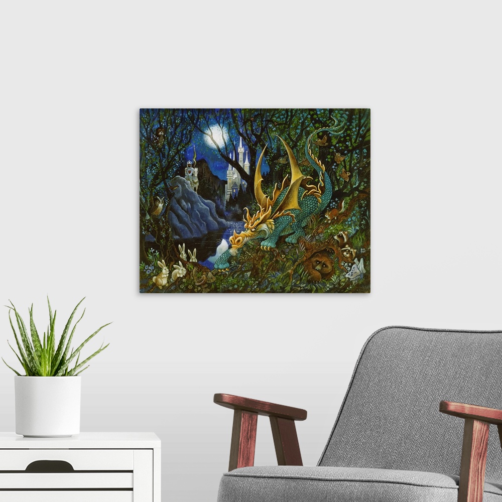 A modern room featuring Dragon in forest.