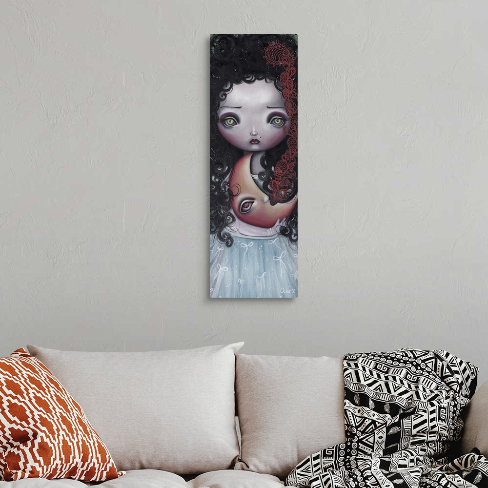 A bohemian room featuring Contemporary surreal painting of a woman with large green eyes and dark curly hair, holding a cre...