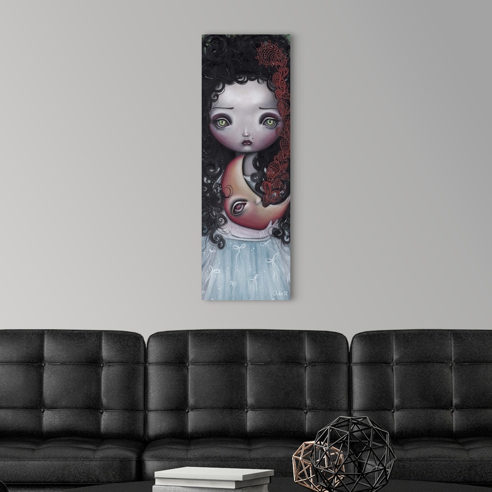 A modern room featuring Contemporary surreal painting of a woman with large green eyes and dark curly hair, holding a cre...